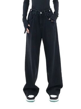 Commense Adjustable Cinch Baggy Wide Leg Boyfriend Jeans Washed Black Small